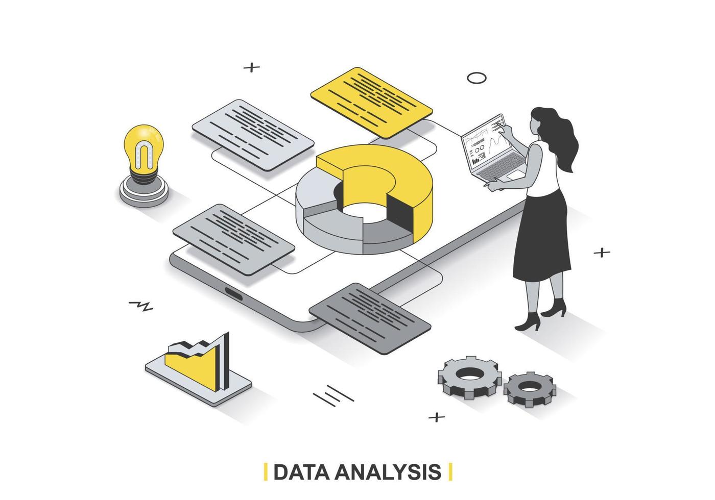 datenanalysekonzept im isometrischen 3d-entwurfsdesign. frauen studieren statistiken und recherchieren grafiken und diagramme, erstellen finanzberichte, linienwebvorlagen. vektorillustration mit menschenszene vektor