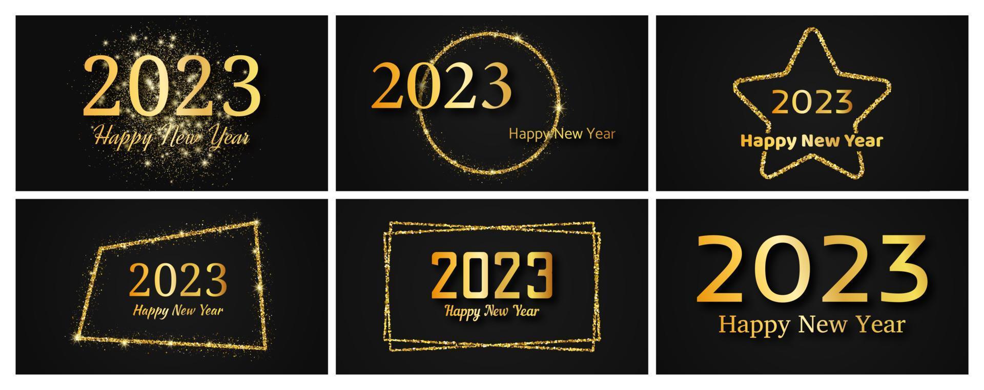 2023 Lycklig ny år guld bakgrund. uppsättning av abstrakt guld bakgrunder med en inskrift Lycklig ny år på mörk för jul Semester hälsning kort, flygblad eller affischer. vektor illustration