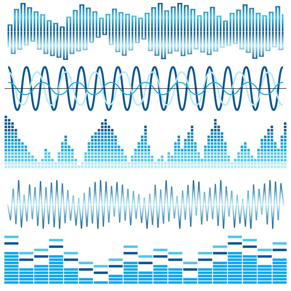 Vektorsatz blaue Schallwellen. Audio-Equalizer. Ton- und Audiowellen isoliert auf weißem Hintergrund vektor