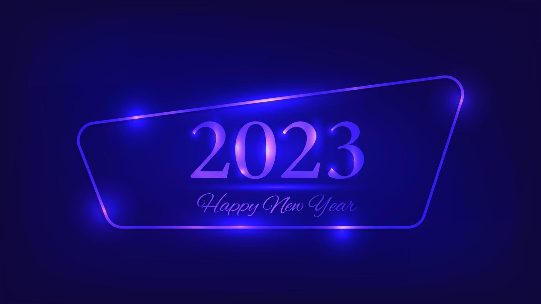 2023 Lycklig ny år neon bakgrund. neon avrundad ram med lysande effekter och pärlar för jul Semester hälsning kort, flygblad eller affischer. vektor illustration