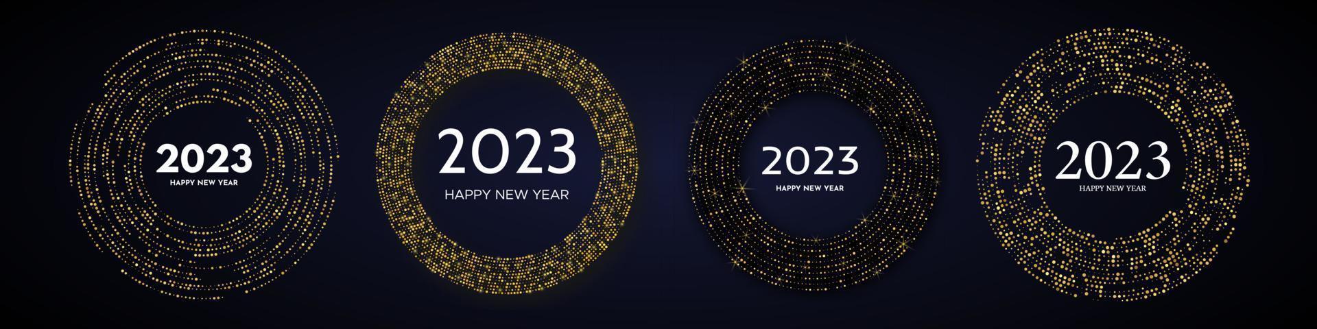 2023 Frohes neues Jahr mit goldenem Glitzermuster in Kreisform. satz von vier abstrakten goldglühenden halbton-punktierten hintergründen für weihnachtsfeiertagsgrußkarte auf dunklem hintergrund. Vektor-Illustration vektor