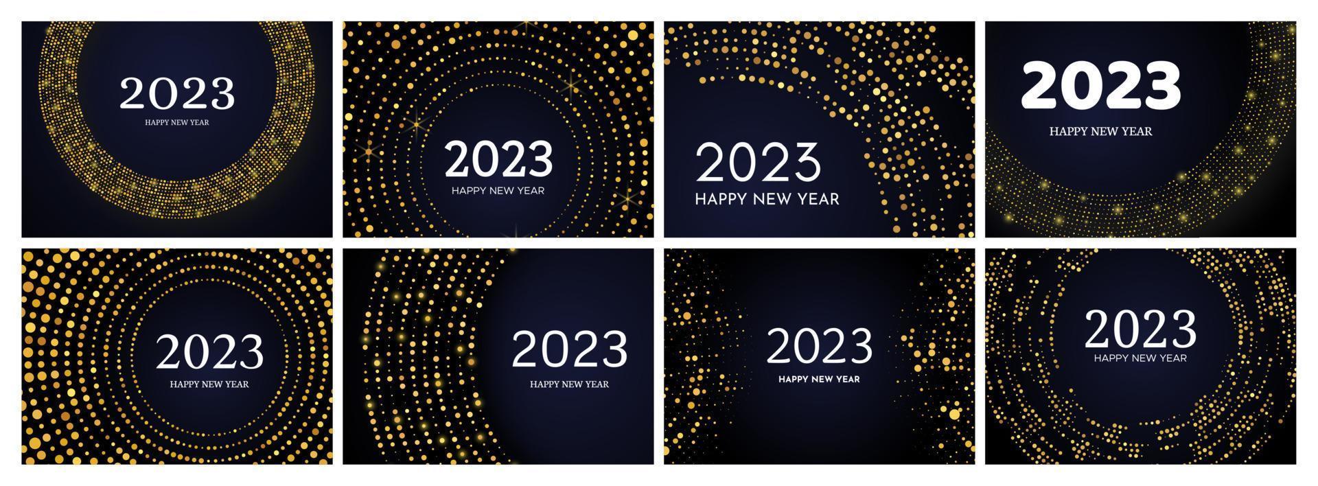 2023 Frohes neues Jahr mit goldenem Glitzermuster in Kreisform. satz von abstrakten goldglühenden halbton-gepunkteten hintergründen für weihnachtsfeiertagsgrußkarte auf dunklem hintergrund. Vektor-Illustration vektor