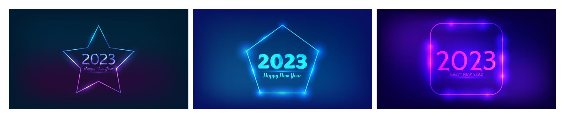 2023 Frohes neues Jahr Neonhintergrund. satz aus drei neonkulissen mit unterschiedlichen geometrischen rahmen mit glänzenden effekten und der aufschrift frohes neues jahr. dunkler hintergrund für weihnachten vektor