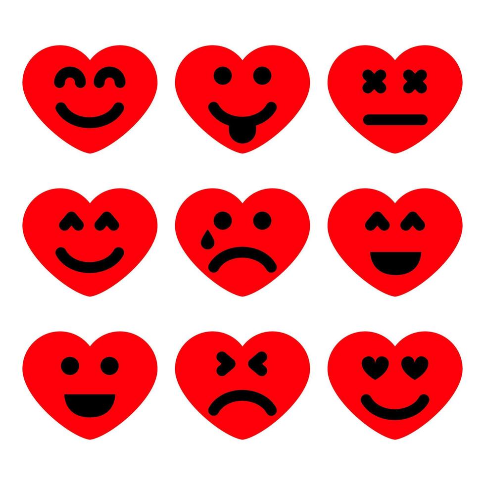 Satz von neun Cartoon-Herzen mit Emotionen. Emoji-Symbol in Liebessymbolen. Vektor-Illustration vektor