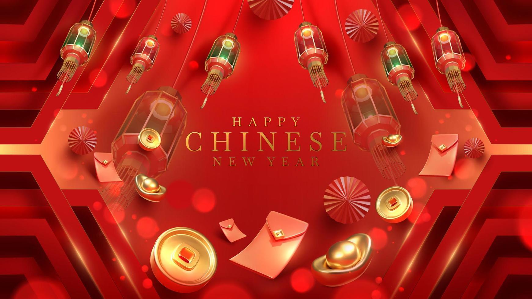 roter luxusstilhintergrund mit 3d-realistischen chinesischen neujahrsverzierungen mit lichteffektdekorationen und bokeh. vektor