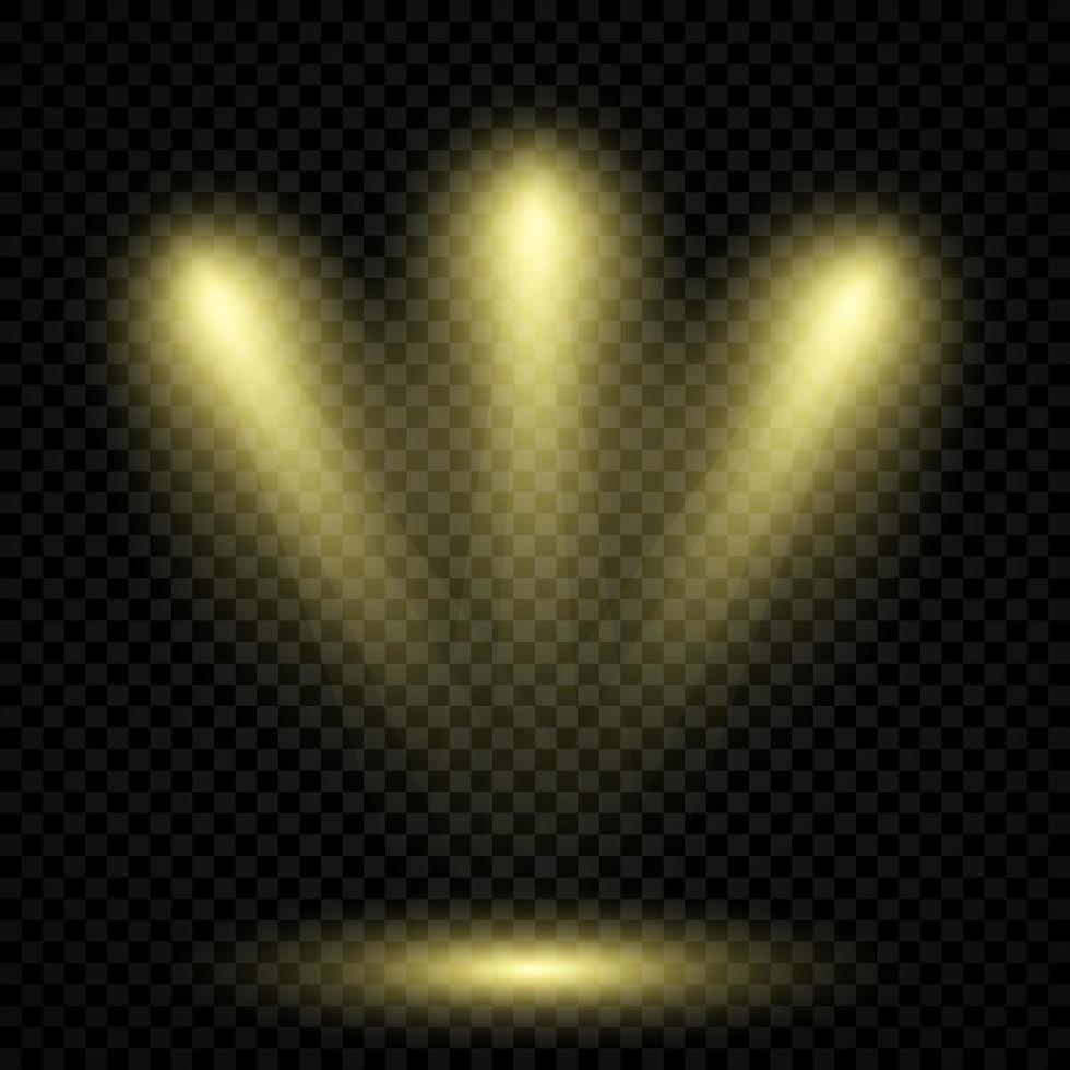 kall gul belysning med tre strålkastare. scen belysning effekter på en mörk transparent bakgrund. vektor illustration