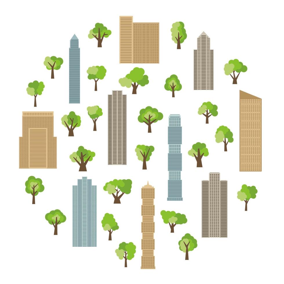 modern byggnader och skyskrapor med grön träd i cirkel. vektor illustration