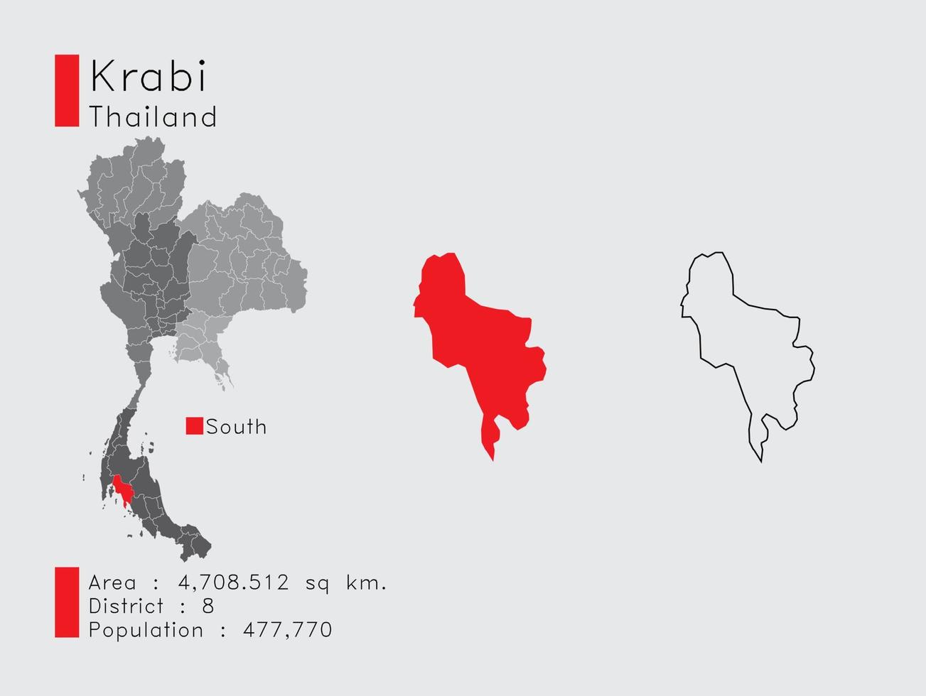 krabi position in thailand eine reihe von infografikelementen für die provinz. und Bereich Bezirk Bevölkerung und Gliederung. Vektor mit grauem Hintergrund.