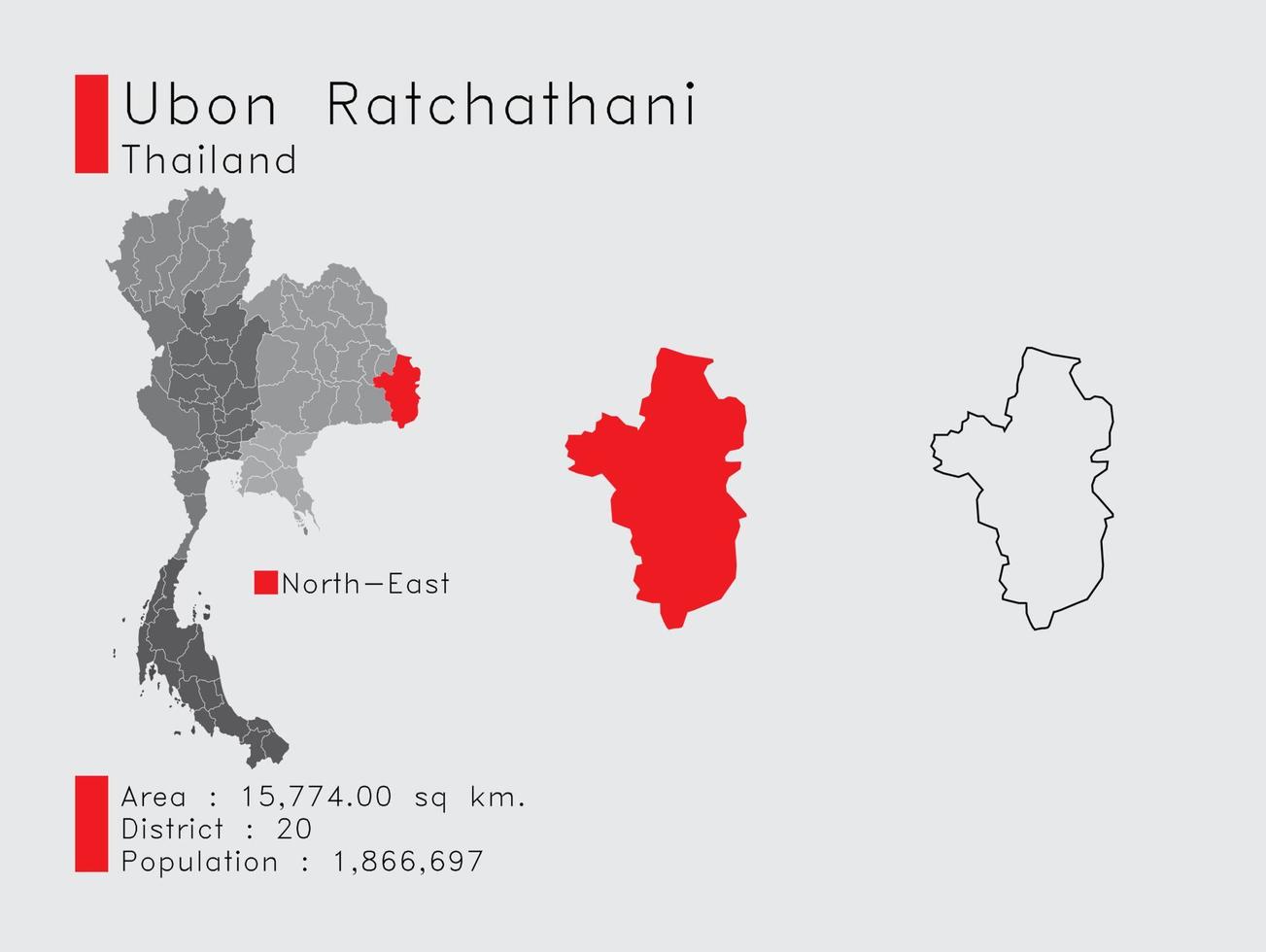 ubon Ratchathani placera i thailand en uppsättning av infographic element för de provins. och område distrikt befolkning och översikt. vektor med grå bakgrund.