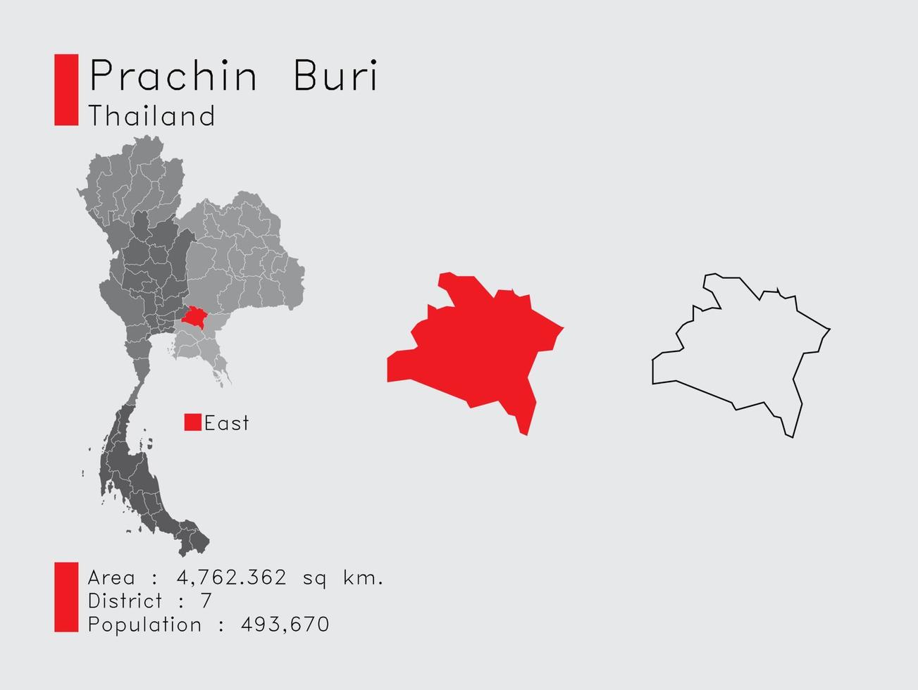 prachin buri position in thailand eine reihe von infografikelementen für die provinz. und Bereich Bezirk Bevölkerung und Gliederung. Vektor mit grauem Hintergrund.