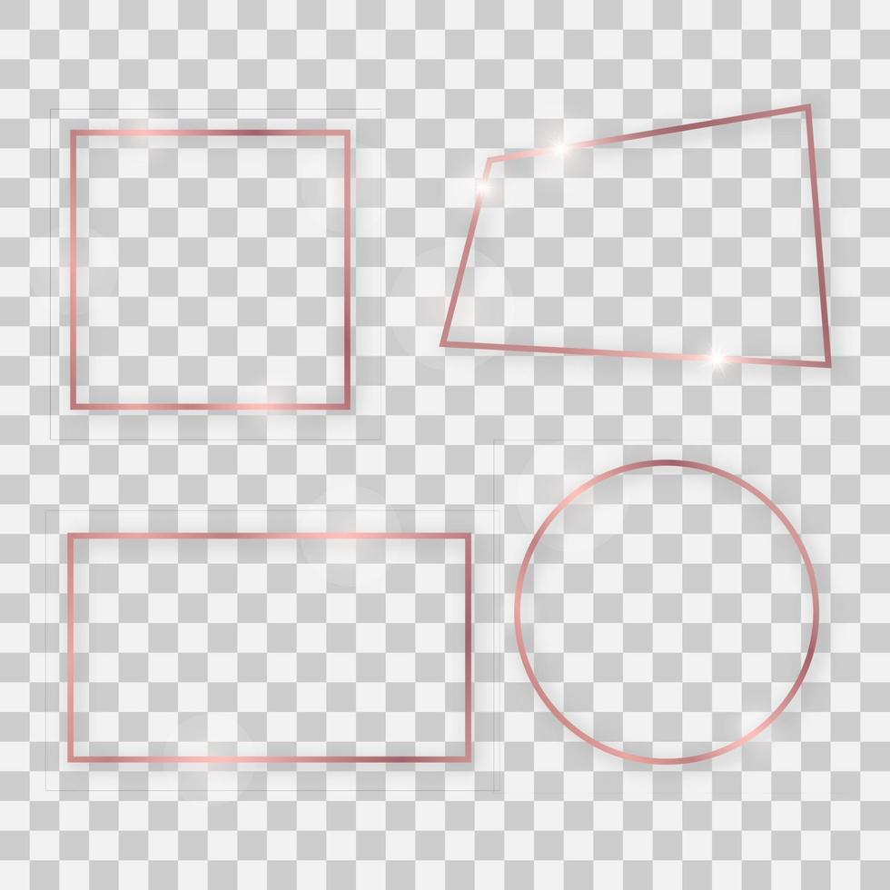 reste sig guld skinande ramar med lysande effekter. uppsättning av fyra reste sig guld rektangulär, runda, fyrkant och fyrkantig ramar med skuggor på transparent bakgrund vektor