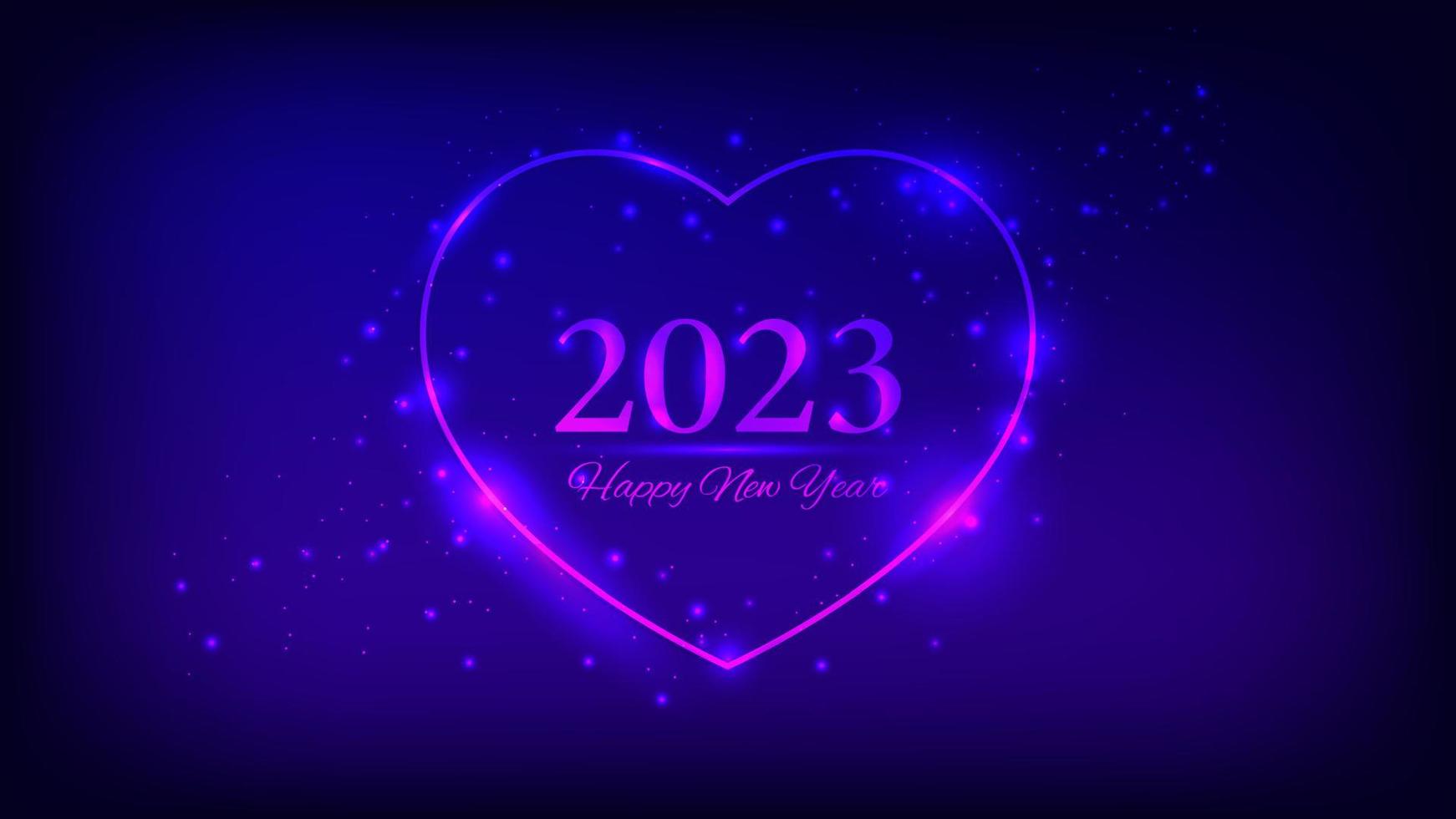 2023 Frohes neues Jahr Neonhintergrund. neonrahmen in herzform mit glänzenden effekten und funkeln für weihnachtsgrußkarten, flyer oder poster. Vektor-Illustration vektor