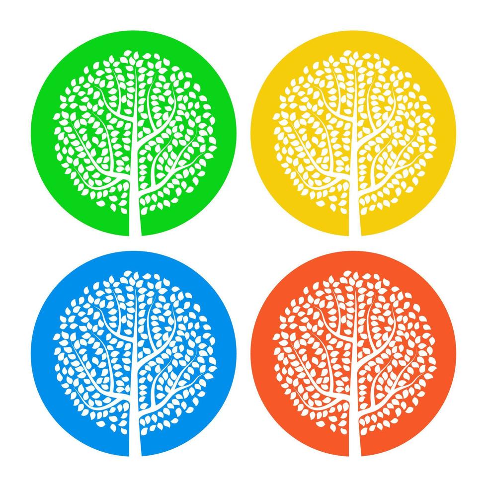 uppsättning av fyra vit träd med löv på färgrik runda bakgrund. vektor illustration