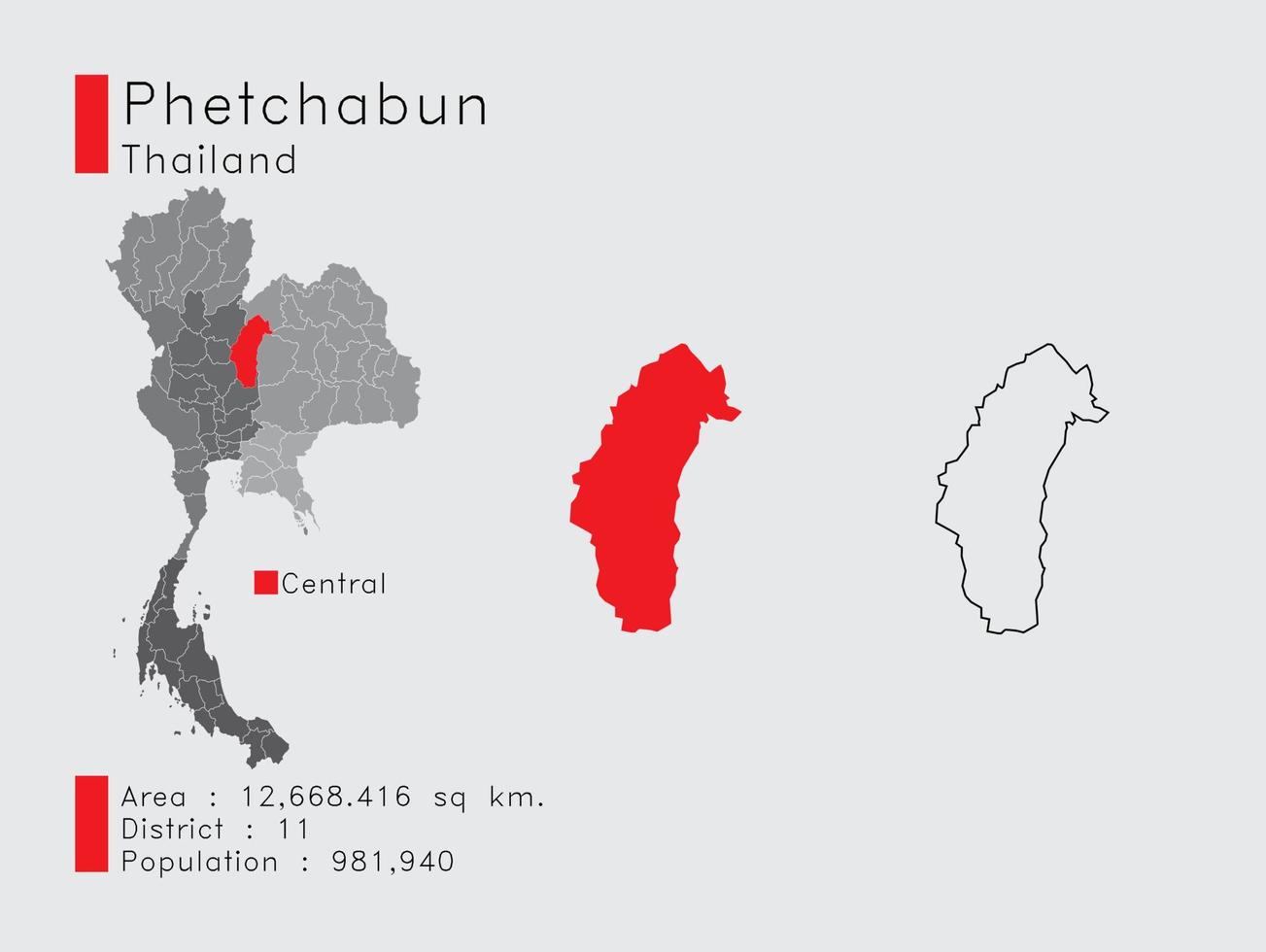 Phetchabun placera i thailand en uppsättning av infographic element för de provins. och område distrikt befolkning och översikt. vektor med grå bakgrund.