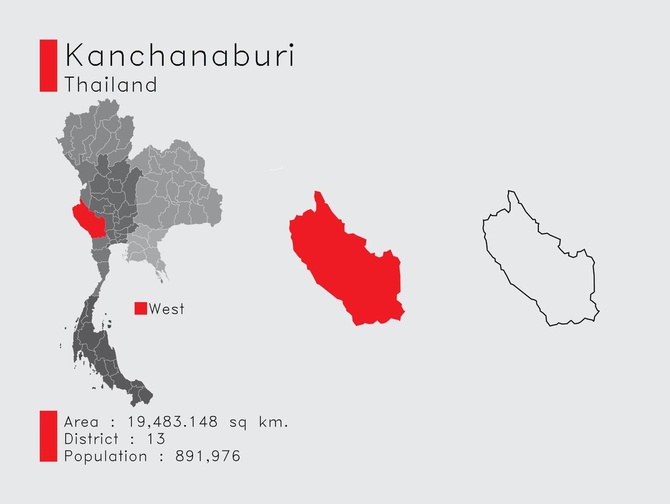 kanchanaburi-position in thailand eine reihe von infografikelementen für die provinz. und Bereich Bezirk Bevölkerung und Gliederung. Vektor mit grauem Hintergrund.