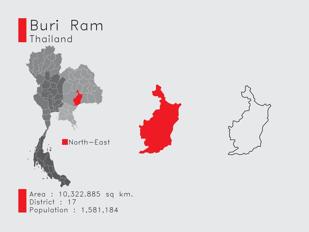 Buri Ram Position in Thailand eine Reihe von Infografik-Elementen für die Provinz. und Bereich Bezirk Bevölkerung und Gliederung. Vektor mit grauem Hintergrund.