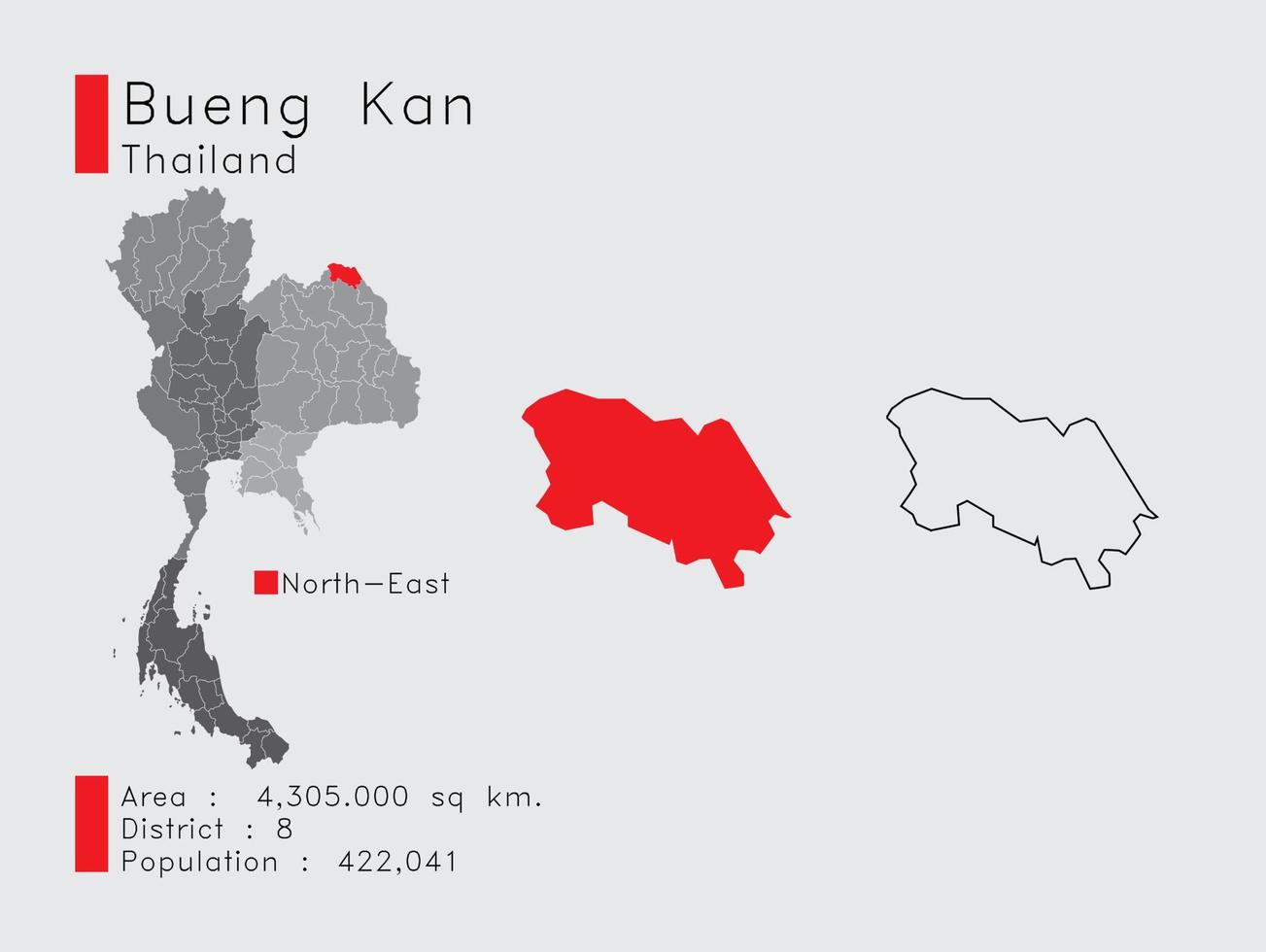 bueng kan position in thailand eine reihe von infografikelementen für die provinz. und Bereich Bezirk Bevölkerung und Gliederung. Vektor mit grauem Hintergrund.