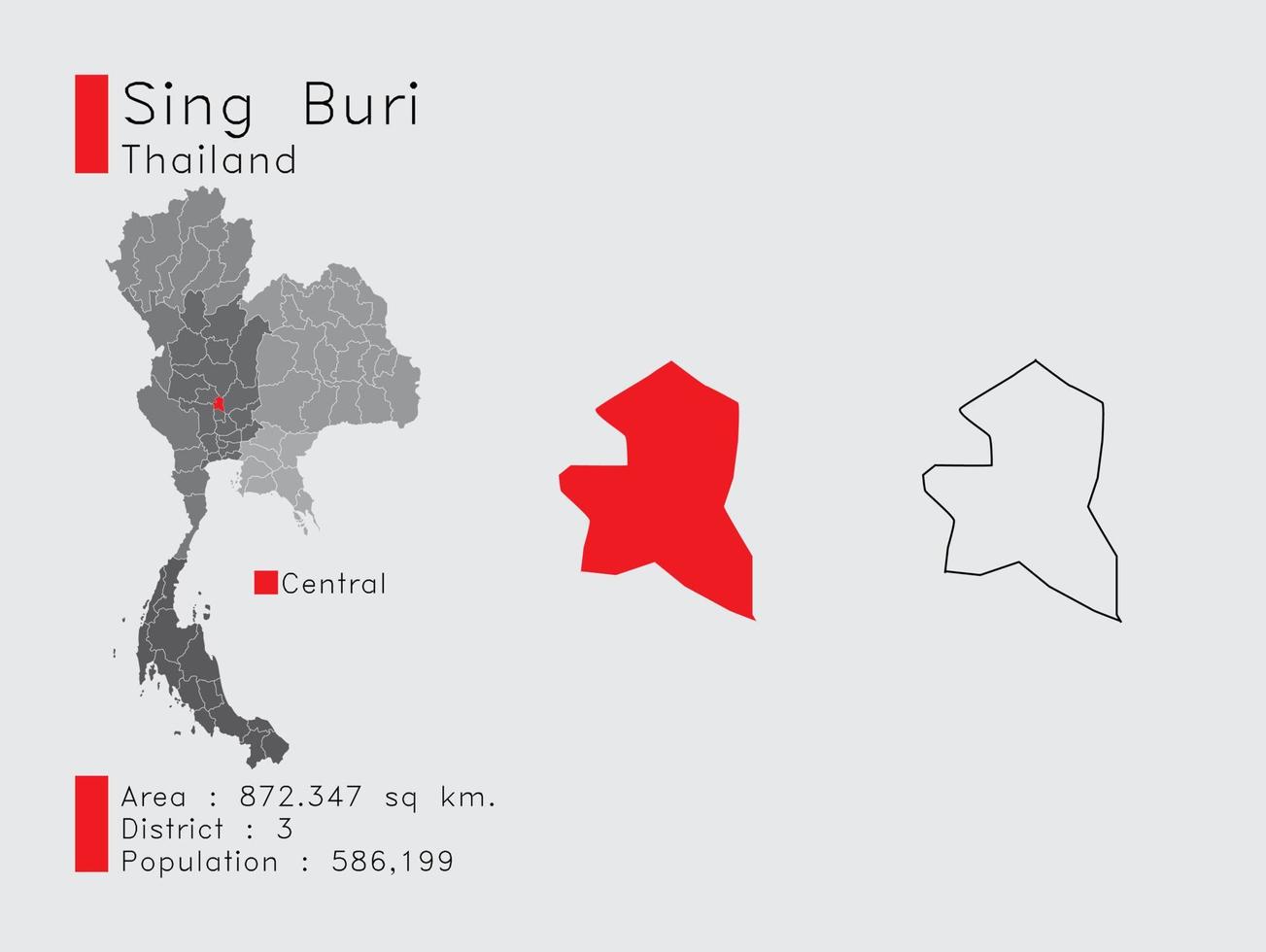 Sing Buri Position in Thailand eine Reihe von Infografik-Elementen für die Provinz. und Bereich Bezirk Bevölkerung und Gliederung. Vektor mit grauem Hintergrund.