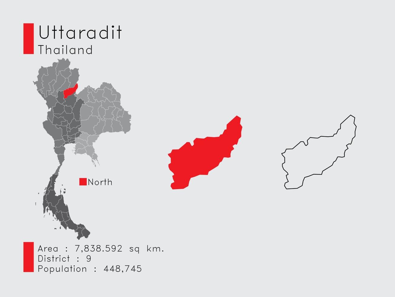 uttaradit position in thailand eine reihe von infografikelementen für die provinz. und Bereich Bezirk Bevölkerung und Gliederung. Vektor mit grauem Hintergrund.