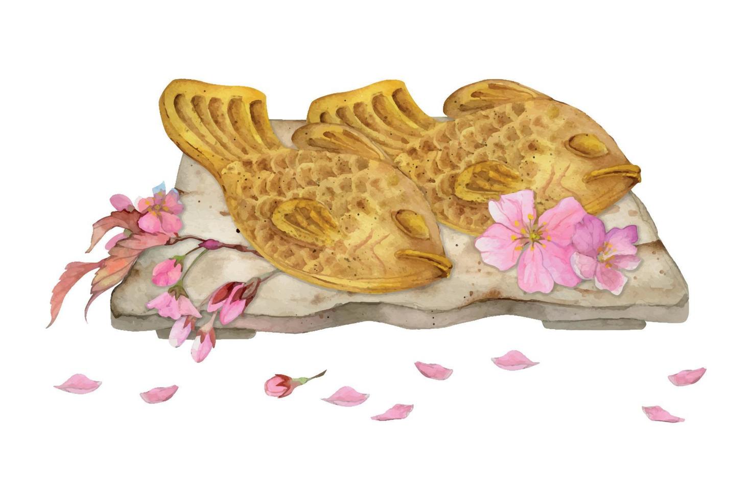 aquarell handgezeichnete traditionelle japanische süßigkeiten. Keramikschale, Taiyaki, Sakura-Kirschblüte. isoliert auf weißem Hintergrund. design für einladungen, restaurantmenü, grußkarten, druck, textil vektor