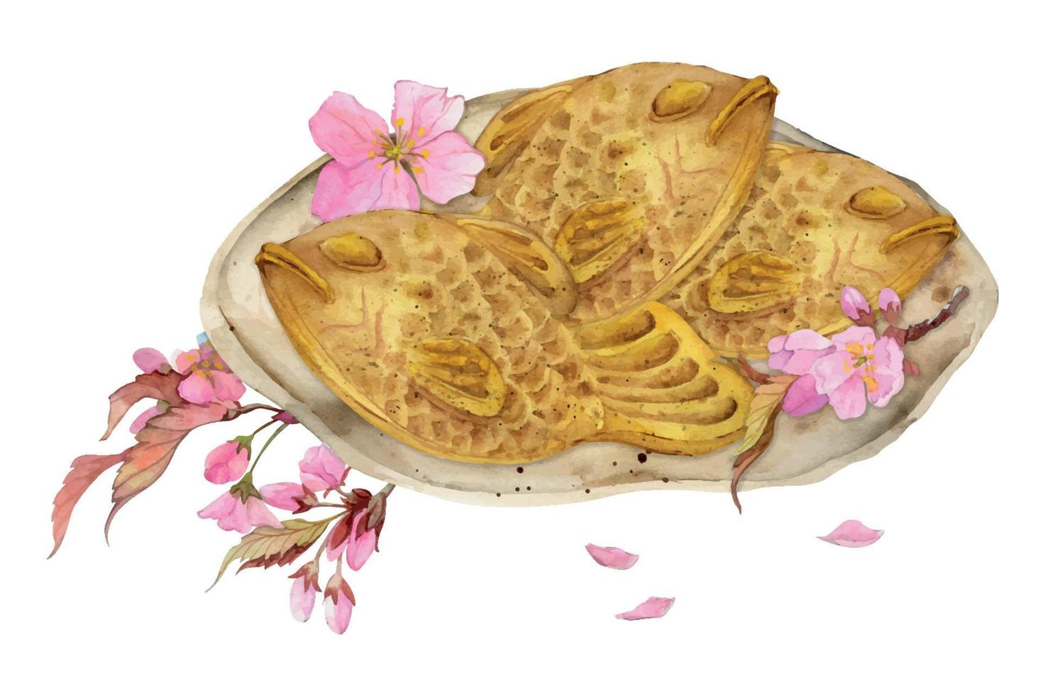 vattenfärg hand dragen traditionell japansk sötsaker. keramisk maträtt, taiyaki, sakura körsbär blomma. isolerat på vit bakgrund. design för inbjudningar, restaurang meny, hälsning kort, skriva ut, textil- vektor