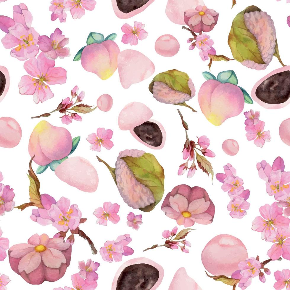 Aquarell Musterdesign mit handgezeichneten traditionellen japanischen Süßigkeiten. Wagashi, Mochi, Sakura-Blüte isoliert auf weißem Hintergrund. einladungen, restaurantmenü, grußkarten, druck, textil vektor