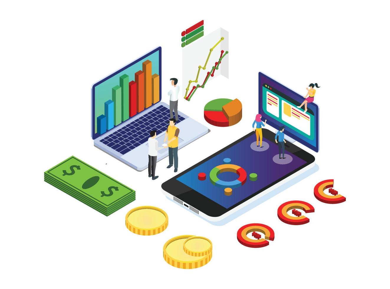 modern isometrisk data analys illustration, webb banderoller, lämplig för diagram, infografik, bok illustration, spel tillgång, och Övrig grafisk relaterad tillgångar vektor