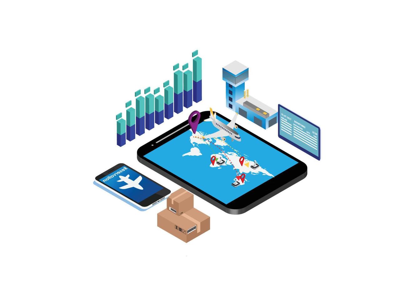 Sendungsverfolgung weltweit Suche flache isometrische 3D-Online-Bestellung Versand Geschäftskonzept Web-Vektor-Illustration. Weltkarte und Boxroute . Sammlung kreativer Menschen. vektor