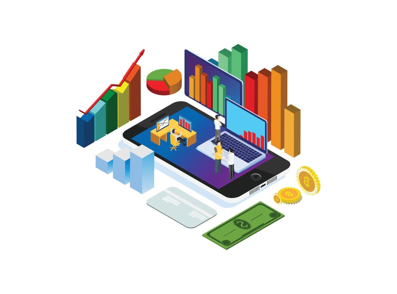 modern isometrisk data analys illustration, webb banderoller, lämplig för diagram, infografik, bok illustration, spel tillgång, och Övrig grafisk relaterad tillgångar vektor