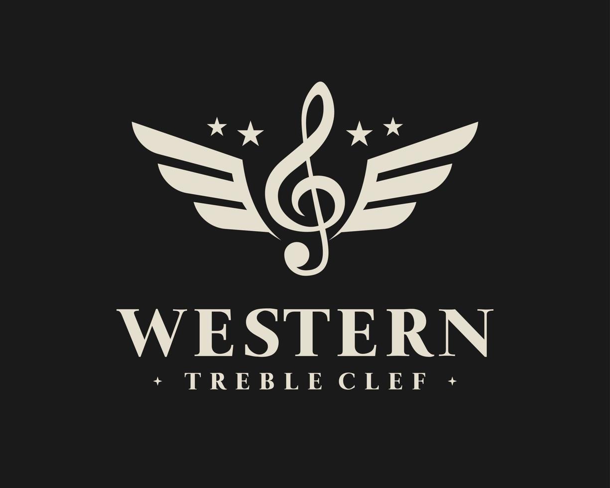 Violinschlüssel Musik Melodie Musical Klassisch Vintage Western Retro Wing Fly Emblem Vektor Logo Design