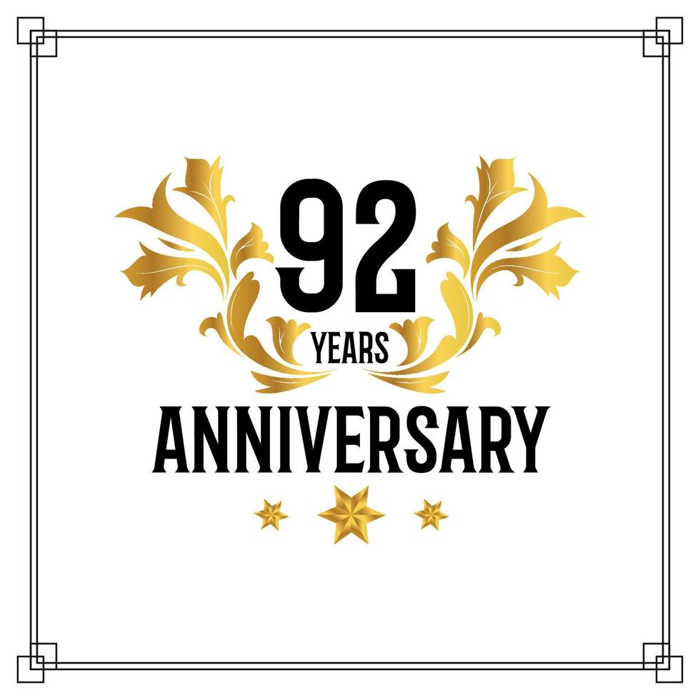 92:a årsdag logotyp, lyxig gyllene och svart Färg vektor design firande.