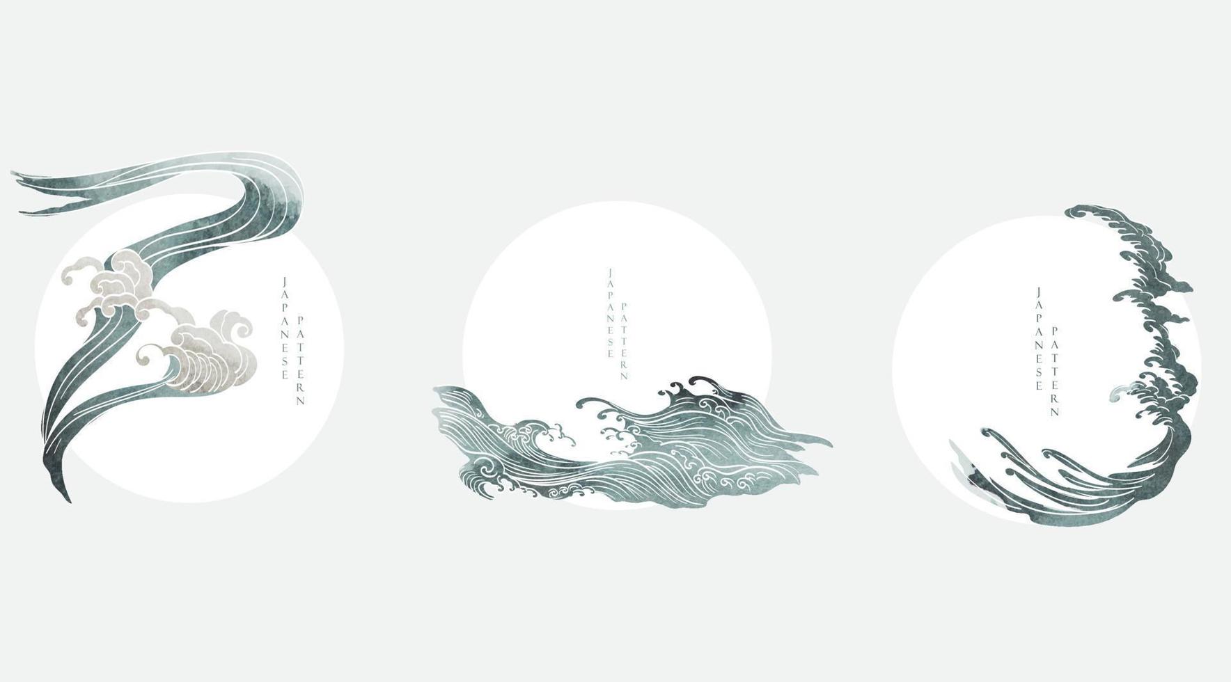 japanischer hintergrund mit aquarellbeschaffenheitsvektor. Malpinsel-Dekoration mit handgezeichnetem Wellen-Logo-Design im Vintage-Stil. vektor