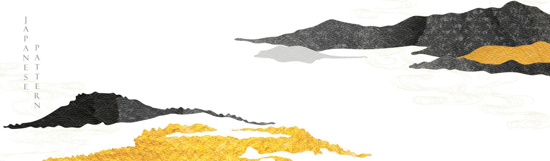 japanischer hintergrund mit handgezeichnetem bergwaldlinienvektor. goldene und schwarze textur im vintage-stil. Präsentationsvorlagendesign, Poster, Flyer, Website-Hintergründe, Banner oder Werbung. vektor