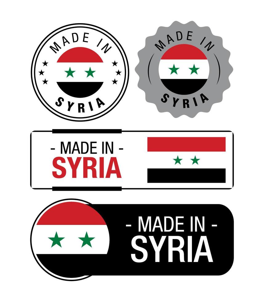 uppsättning av tillverkad i syrien etiketter, logotyp, syrien flagga, syrien produkt emblem vektor