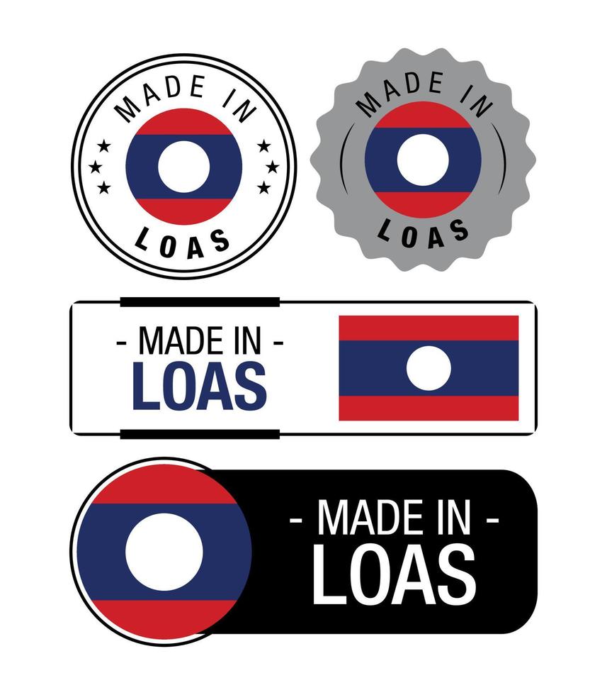 uppsättning av tillverkad i loas etiketter, logotyp, loas flagga, loas produkt emblem vektor