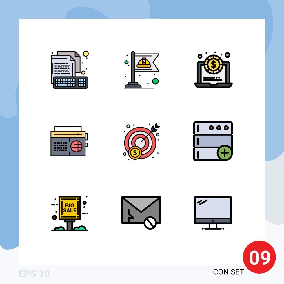 Stock Vector Icon Pack mit 9 Zeilen Zeichen und Symbolen für Profit Media Labor Audio Radio editierbare Vektordesign-Elemente