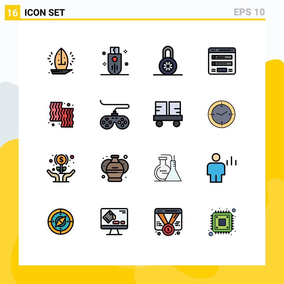 moderner Satz von 16 flachen, farbig gefüllten Linien Piktogramm von Web-Login-Stick-Formschutz editierbaren kreativen Vektordesign-Elementen vektor