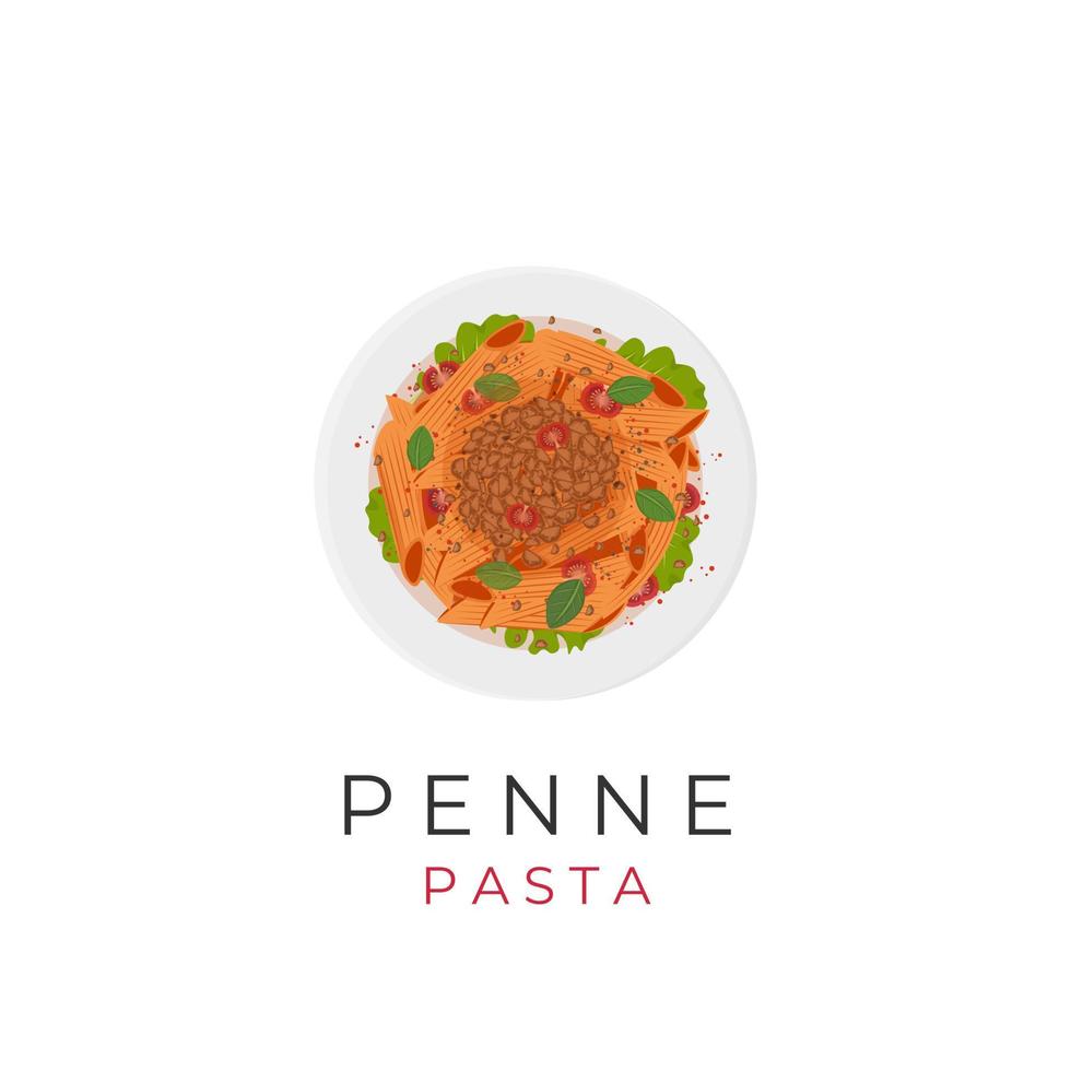 illustration logotyp av penne pasta med tomat sås och mald kött vektor