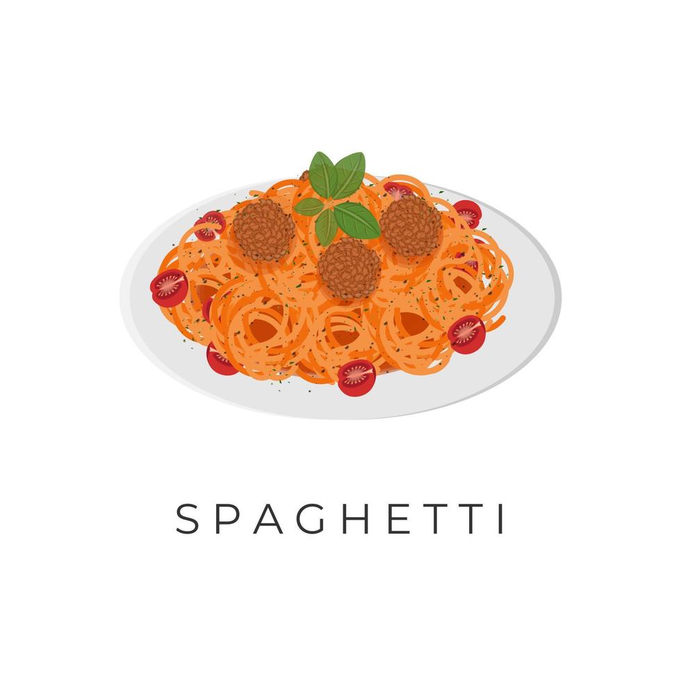 spaghetti pasta illustration logotyp med bolognese sås och kött bollar vektor