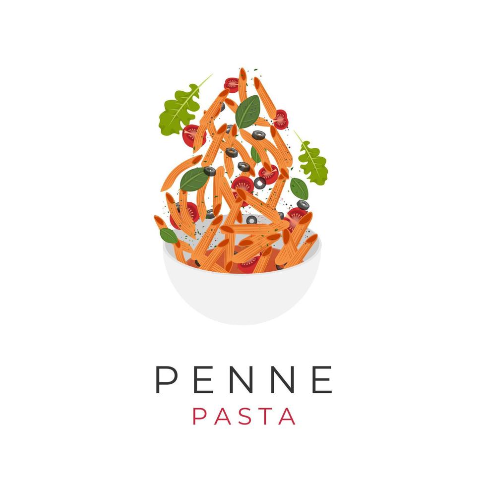 Penne Pasta Illustrationslogo mit frischem Gemüse und Oliven in einer schwarzen Schüssel vektor