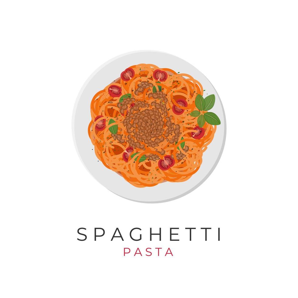 spaghetti pasta illustration logotyp med bolognese sås och mald kött vektor