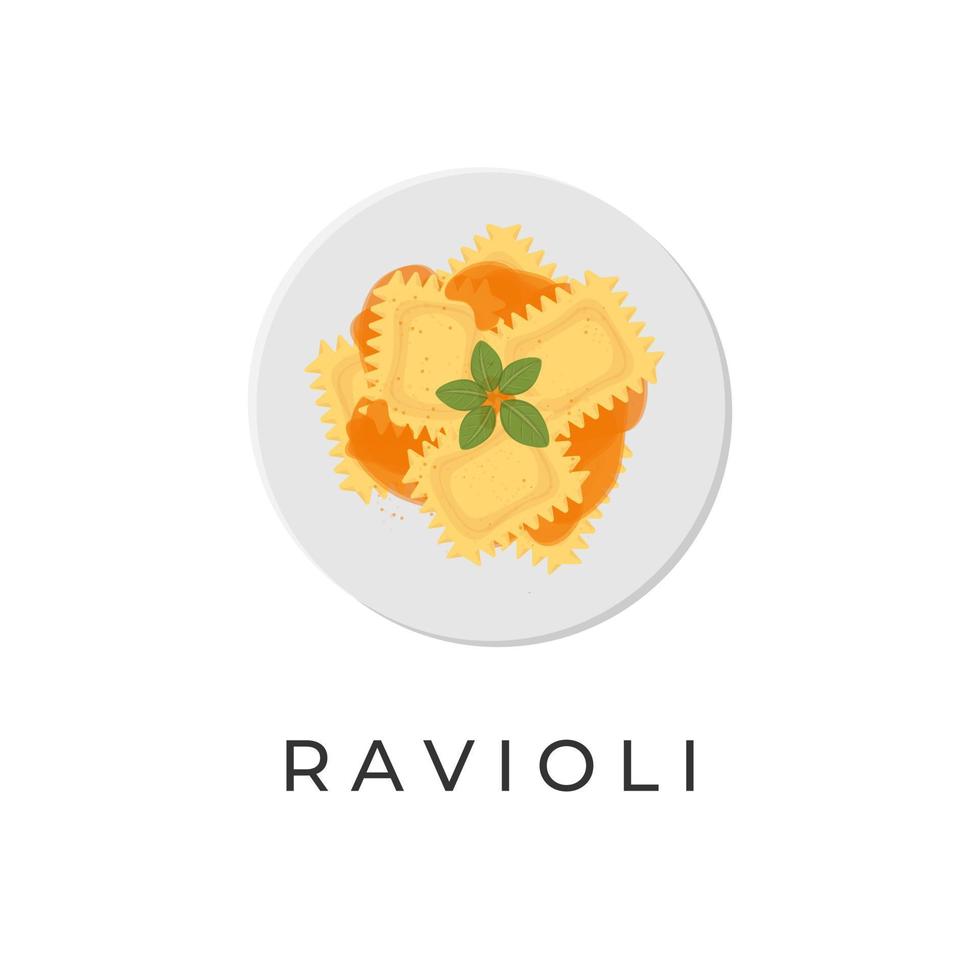 logotyp illustration av ravioli pasta med tomat sås och färsk basilika vektor