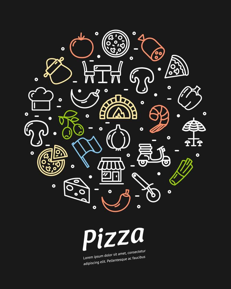 pizzeria baner runda design mall kontur rader ikon begrepp. vektor