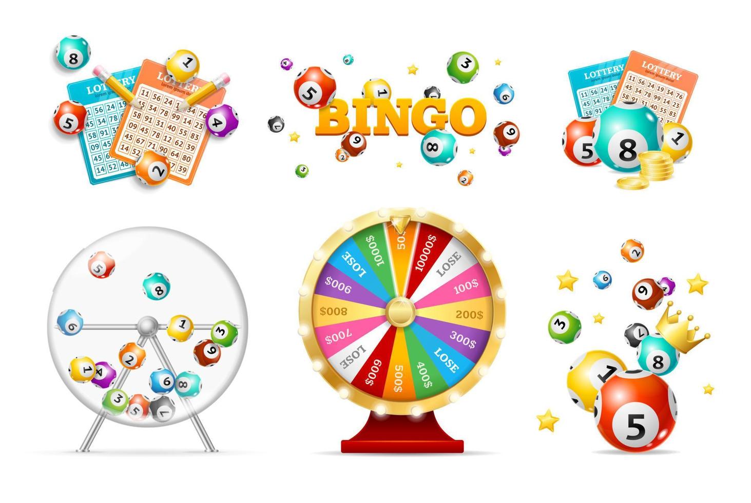 realistisches 3D-detailliertes Casino-Glücksrad und Lotterie-Set. Vektor