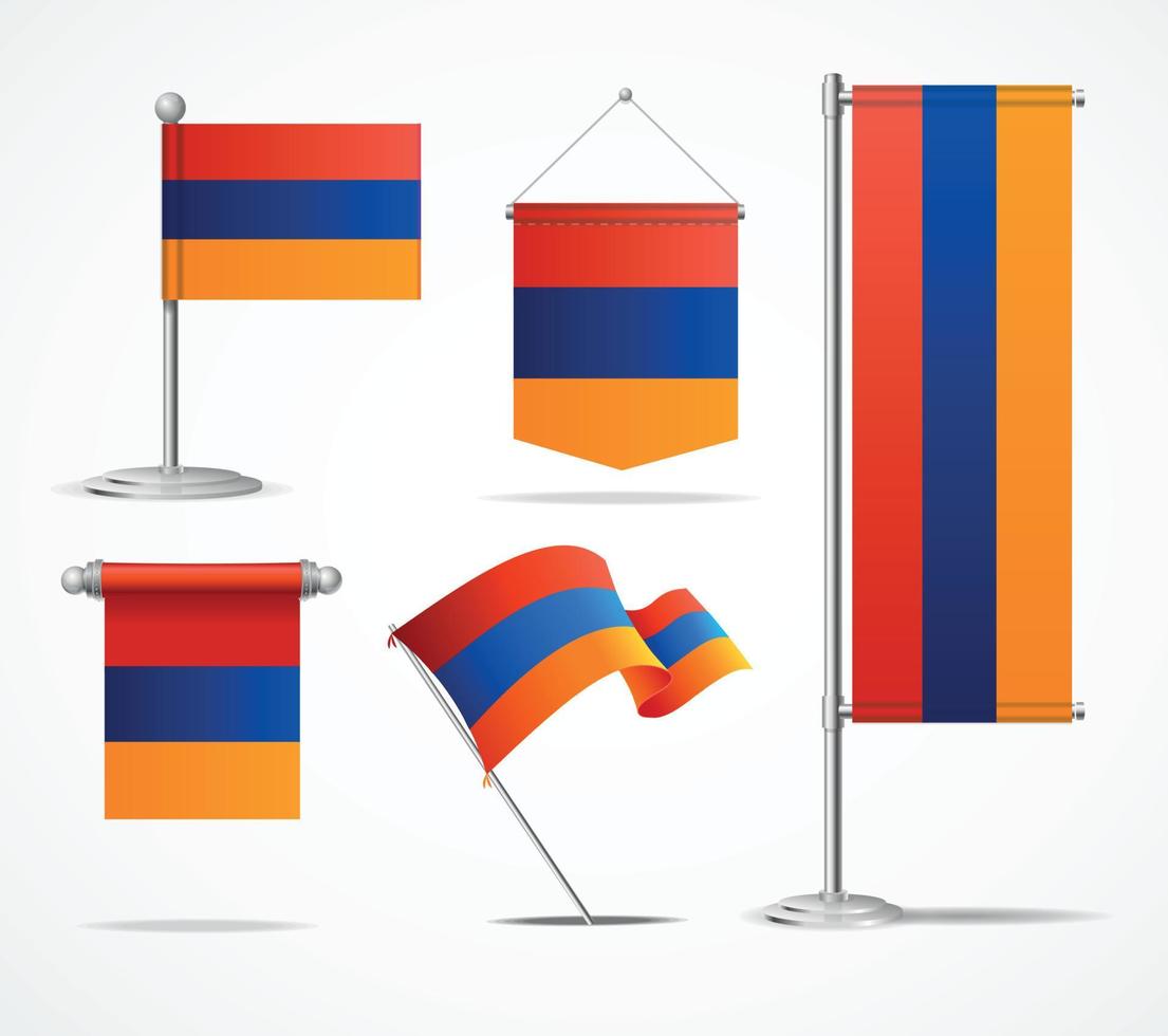 realistisches 3d-detailliertes armenien-flaggenfahnenset. Vektor