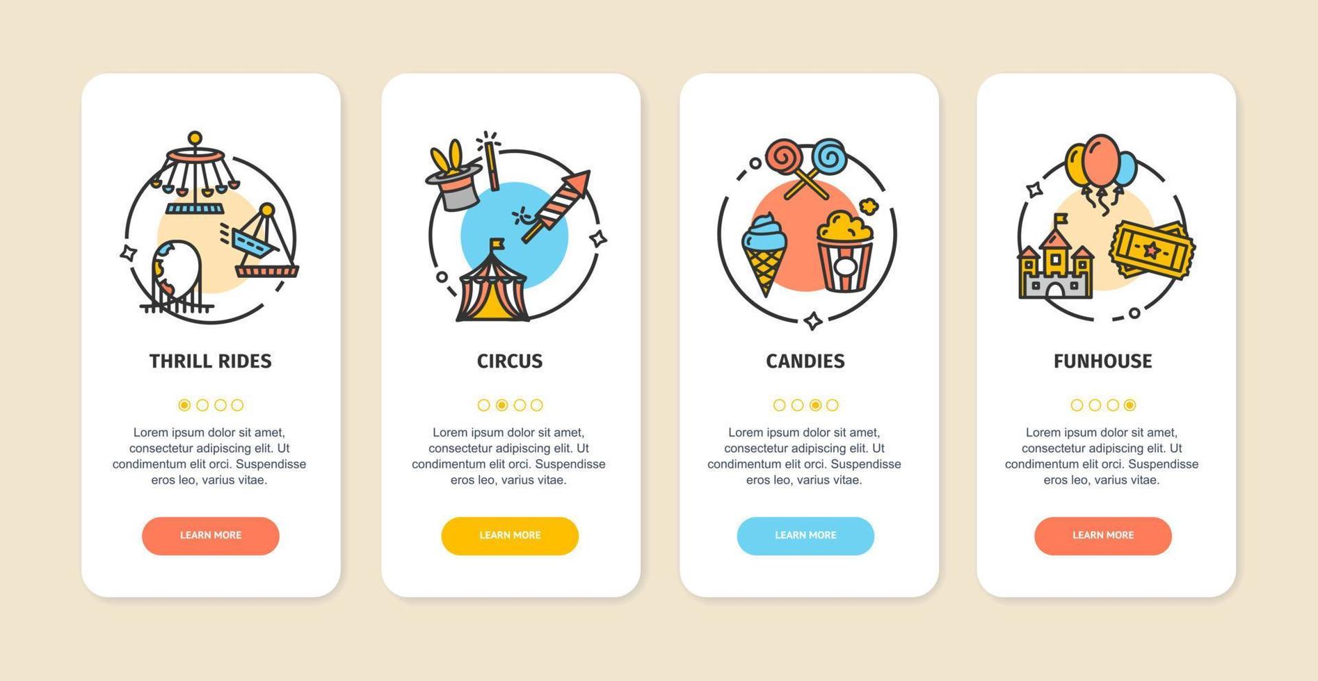 Vergnügungspark-App-Bildschirmkarten-Set. Vektor