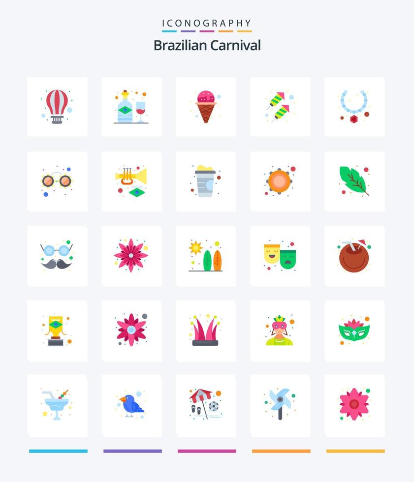 kreativer brasilianischer Karneval 25 flaches Icon Pack wie Geschenk. Juwel. Creme. Feuerwerk. Rakete vektor