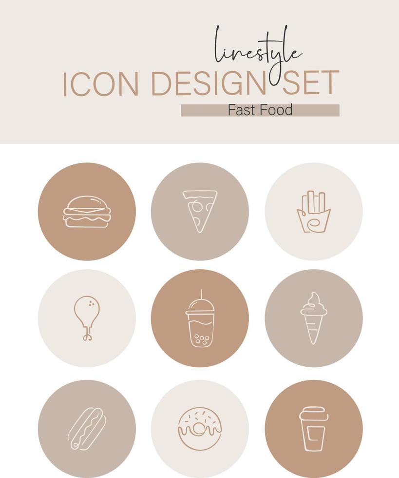 Linestyle-Icon-Design-Set und Fast Food vektor