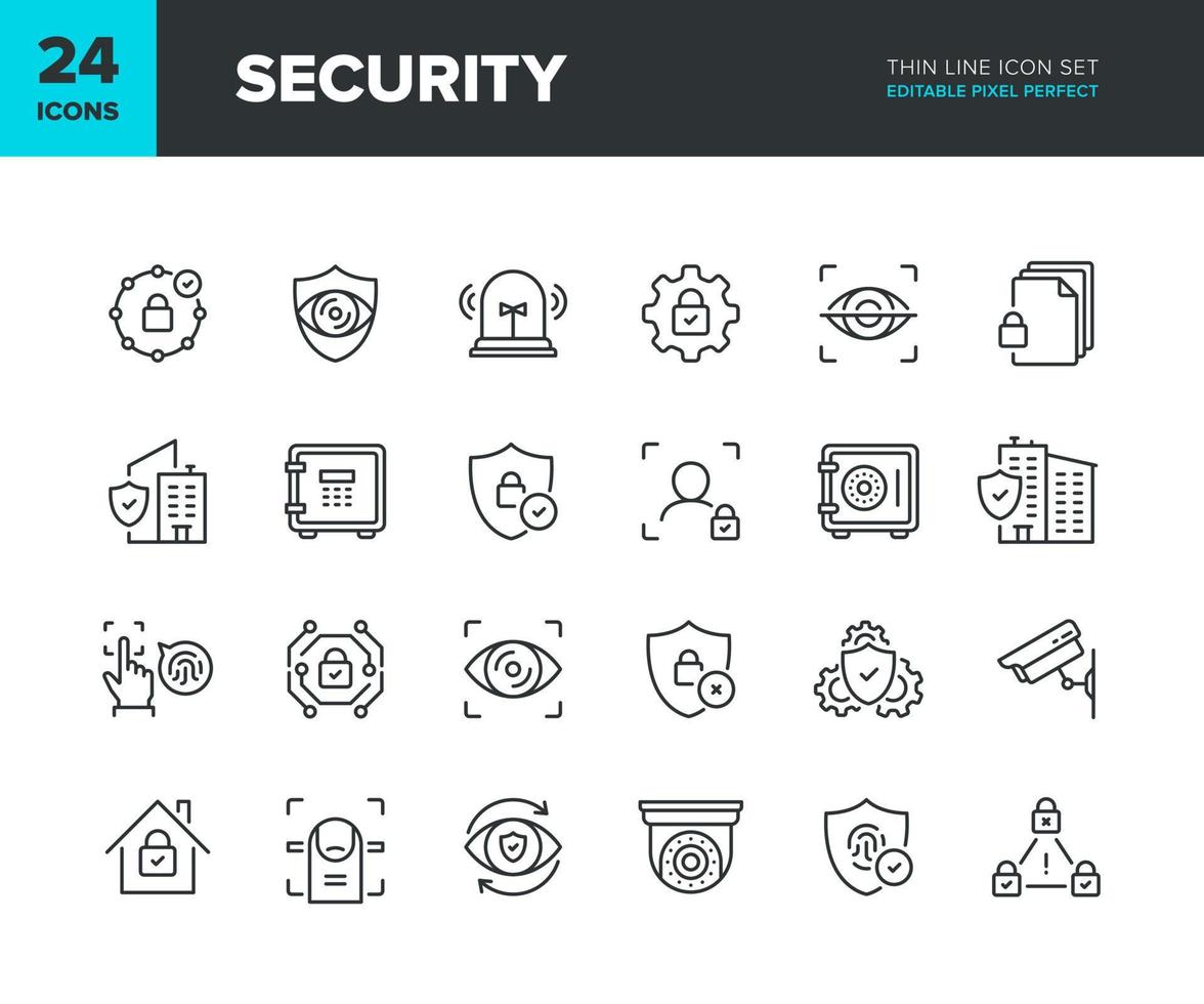 säkerhet vektor linje ikon uppsättning. Integritet och Hem skydd ikon samling. privat fast egendom säkerhet symboler. redigerbar pixel perfekt