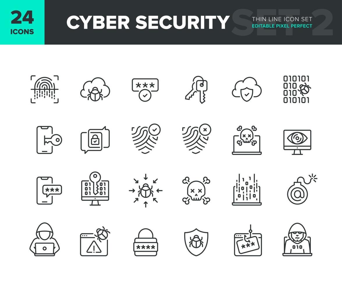 Symbolsatz für Cyber-Sicherheitsvektorlinien. Sammlung von Symbolen für Datenschutz und Internetschutz. Sicherheitssymbole für Computer- und Smartphone-Netzwerke. bearbeitbare Pixel perfekt. Teil 2 vektor